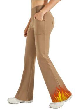 Fleece Lined Flare Leggings Bootcut Yoga Dress Pants with Pockets